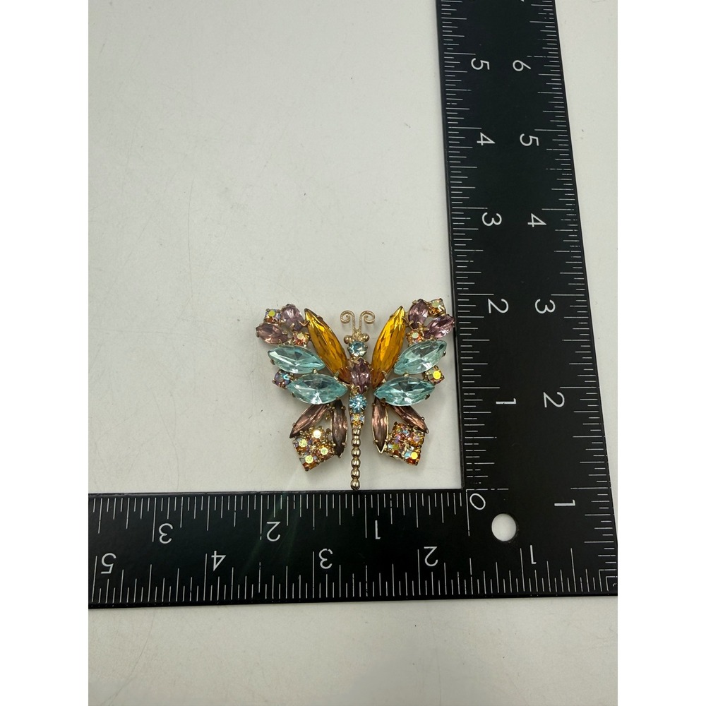Vintage Multi Color Rhinestone Butterfly Brooch Gold Tone Insect Pin 2 Inch - Picture 4 of 4
